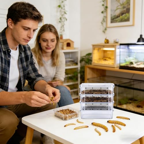 Mealworm Breeding Kit - Aluminum, Waterproof Clear Mesh Habitat, Four Layer Farm Container | Reuseable Breeding System with Zipper Handle, Indoor Outdoor Habitat for Birds, Reptiles