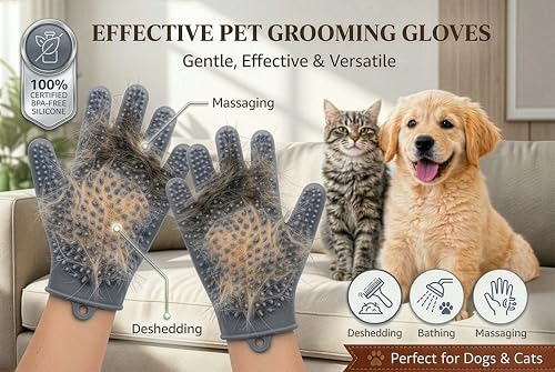 Pet Grooming Gloves for Cats & Dogs – Silicone Hair Removal Glove for Bathing, Shedding & Massage – Gentle Mitt for Long & Short Hair Pets with Drainage System - color: Grey