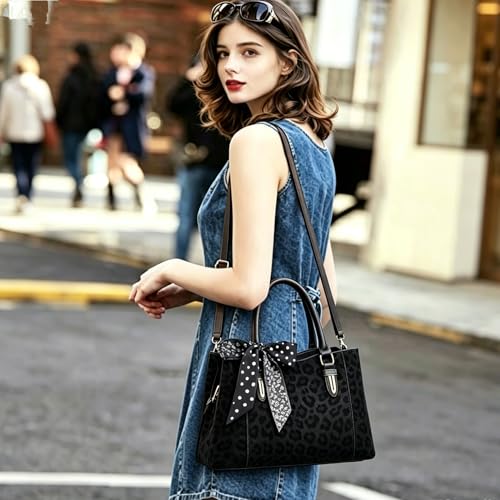 3 Compartment Satchel Purse Top Hnadle Bags Hobo Handbag for Women | Multi Compartment,Medium,Leopard Print Faux Fur,Detachable Shoulder Crossbody Strap,Work Office Daily,High elasticity base - color: Black Leopard