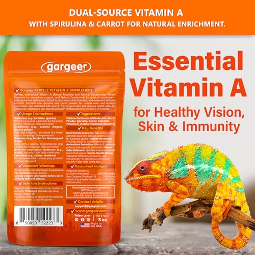 3oz Reptiles Vitamin A Supplement. Skin & Vision Support, USA Made | Balanced Vitamin A dust with carrot, spirulina & Vitamin E. Safe twice-monthly powder coats salads, fruits & insects