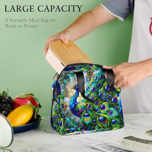 Stained Glass Green Peacocks Lunch Bag for Women Men | Insulated Lunch Box Leakproof Food Meal Containers Reusable Foldable 6L Capacity Lunch Tote Bags for Work Picnic Travel - color: style-14