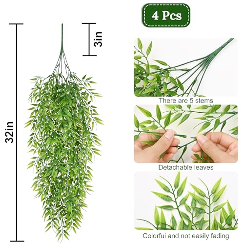 4Pcs Artificial Hanging Plants, Fake Willow Leaves Vines | UV Resistant Faux Outdoor Plants Ivy Vines for Modern Boho Patio Outdoor Indoor Party Wall Porch Gazebo Aesthetic Decor - color: Willow Leaves Vines, size: 4Pcs Plants