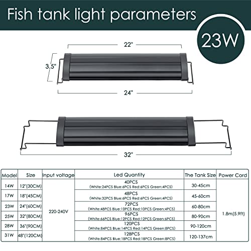 AQQA Aquarium Light,Full Spectrum LED Fish Tank Lights | 12"-54" Adjustable Multi-Color White Blue Red Green LEDs with Extendable Brackets,14W-31W for Freshwater Plants 23W (24"-32") - size: 23W (24"-32")