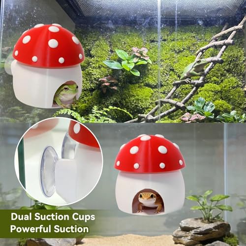 3D Red Mushroom House Reptile Hides and Caves, Reptile Hideout | Shelter for Geckos Bearded Dragons Chameleons Frogs with Dual Suction Cups for Wall or Ground