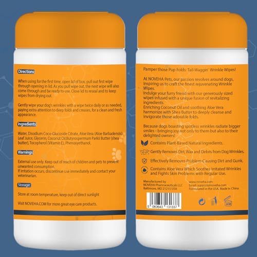 NOVEHA 120PCs - 5βx7β Large Dog Wipes | Wipes for Bulldog, French Bulldog, Pug, English Bulldog | Deodorizing, for Multiple Areas Removes Dirt, Wrinkles, Folds, Tear Stain, Tail Pockets & Paws - size: 120 Wrinkle Wipes