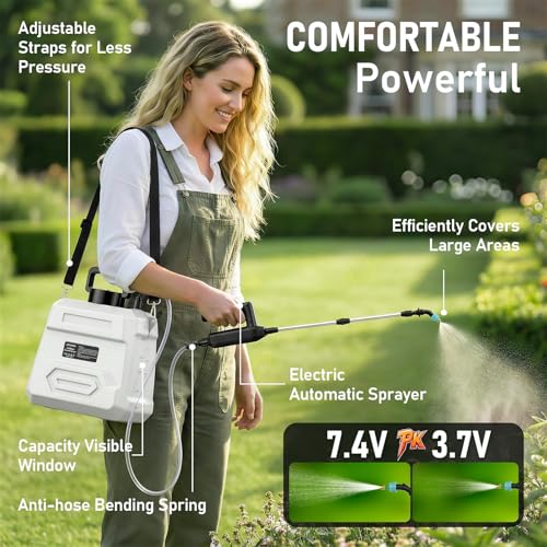 DEGGE Battery Powered Sprayer 2 Gallon, 7.4V Powerful Electric Pump Sprayer | Weed Killer Sprayers with Rechargeable Handle & 5 Mist Nozzles & Retractable Wand & Adjustable Strap for Lawn, Garden, Yard - color: White