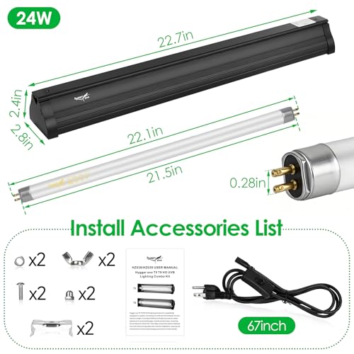 UVB Light for Reptiles Bearded Dragon, T5 UVB Reptile Light Fixture HO UVB Bulb Lighting Combo Kit 10.0 24W UVA UVB Reptile Light Bulb Terrarium Lamp Tube Bar for Snake Gecko Turtle Lizard, 22 Inch - size: T5-22Inch