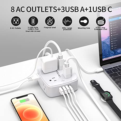 10 Ft Surge Protector Power Strip - YISHU 3 Side Outlet Extender with 8 Widely AC Outlets and 4 USB Ports, 10 Feet Extension Cord with Flat Plug, Wall Mount Desk USB Charging Station, ETL,White - color: White, size: 10 Ft