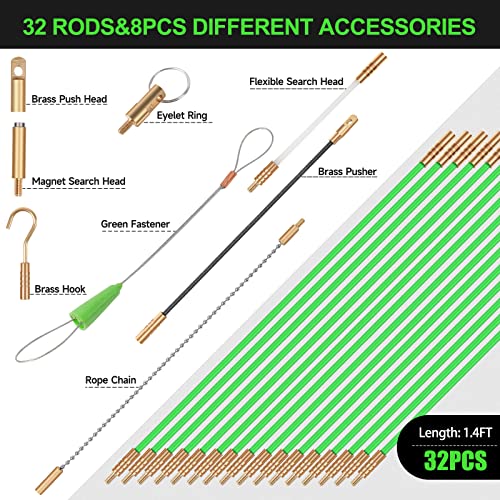 FTIHTRY 45FT Fiberglass Running Electrical Wire Cable Glow Rods Wire Pulling, Fish Rods Electrical Kit with 8 Different Attachments and Fish Tape Wire Puller Kit - style: 45FT