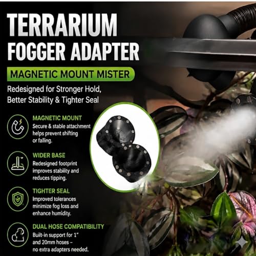 Terrarium Fogger Adapter, Magnetic Mount Mister for Reptile Enclosures, Fits 20mm and 1 Inch Hose, Gecko, Turtle, Snake Habitat Humidifier Attachment