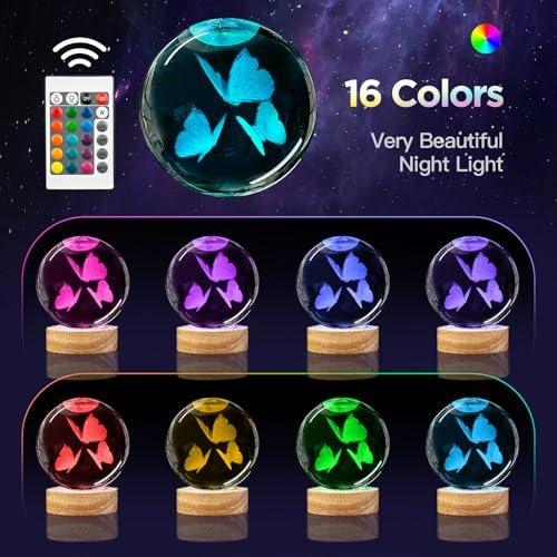 3D Butterfly Crystal Ball Night Light with Woodern Base, 3.15" Butterfly Figurine Glass Lamp with 16 Colors Cute Desk Decor for Home Butterfly Gifts for Women Kids Friends - color: Butterfly 2