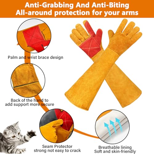 Animal Handing Gloves Bite Proof,Leather Welding Gloves,Multipurpose Puncture Proof Glove for Dog,Cat,Reptile,Snake - color: Yellow+red, size: 23.6 inches