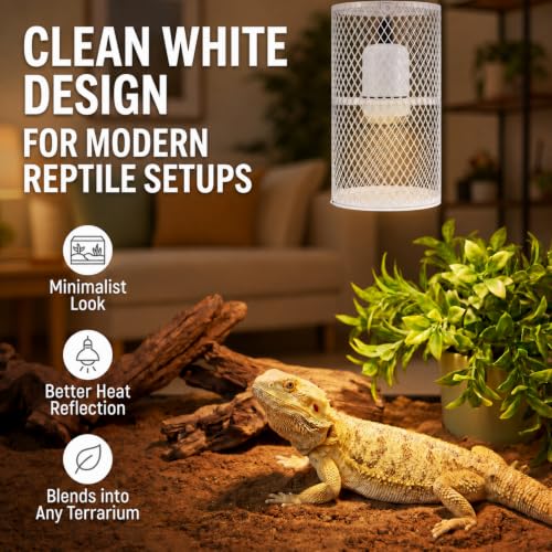 1 Pcs Reptile Heat Lamp Guard with 150W Ceramic Heat Emitter Basking Anti Scald Heating Lamp Holder Mesh Cage Reptile Protection Lampshade for Lizard Snake Without Bulb (4 Inch,White,White) - color: White, White
