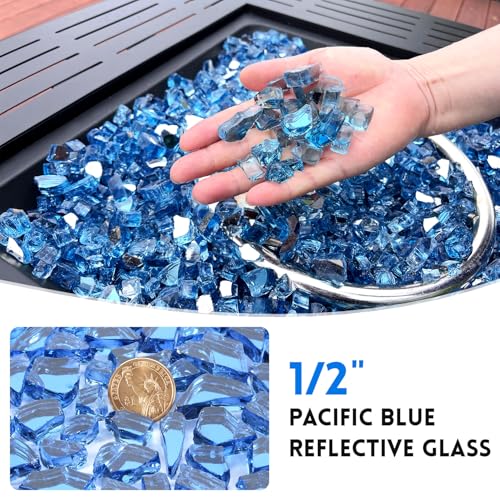 20 Pounds Fire Glass 1/2 Inch High Reflective Tempered Firepit Glass | Pacific Blue Rocks for Fireplace, Fire Pit Table, Fire Bowl and Landscaping & DIY Crafts - color: Pacific Blue, size: 1/2 inch, 20lb