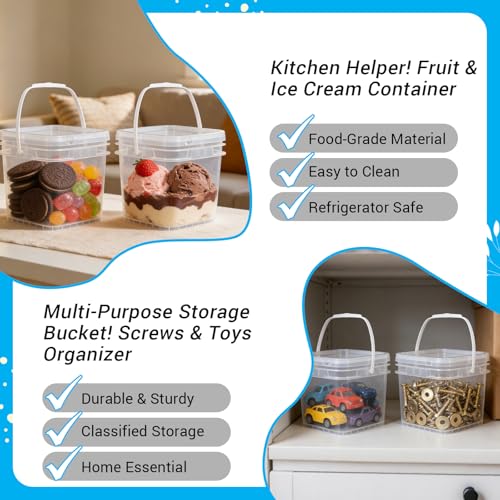 Food Storage Buckets with Lids - 4 Set Square Clear Plastic Containers, Airtight Pressure Seal & Handle for Kitchen Freezer Prep (Clear, 0.8 gal) - color: Clear, size: 0.8 gal