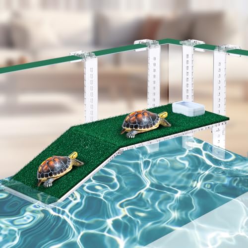 Reallnaive Adjustable Hanging Turtle Basking Platform with Artificial Grass 11 x 5.7 Inch Sturdy Acrylic Aquatic Reptile Ramp Dock Fits 0.3"-2" Thick Tank Salamander Frog Turtle Tank Accessories - size: 11 x 5.8 Inch
