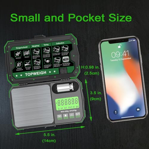 Pocket Scale, Dual Powered, Precision Gram Scale with Zipper Case | Digital Small Coin Scale, Large Backlight Display, 500g x 0.01g, 6 Weighing Units,Cal Weight, USB Cable Included - color: Green