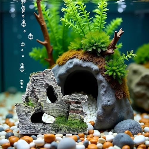 Resin Aquarium Mountain Decor with Moss Rock Cave - Multi-Level Terrain for Fish Tank Landscaping, Natural-Looking Rockery Design with Hidden Cave and Crevices for Shrimp, Reptile Habitat Aquascaping