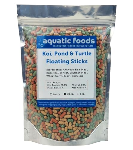Koi, Pond & Turtle 7/16" x 5/32" 25% Protein Floating Sticks. Spirulina, Color Enhancing & Wheat Germ Sticks for Koi, All Pond Fish, Aquatic Turtles...WL…1/2-lb Foil Pouch Bag