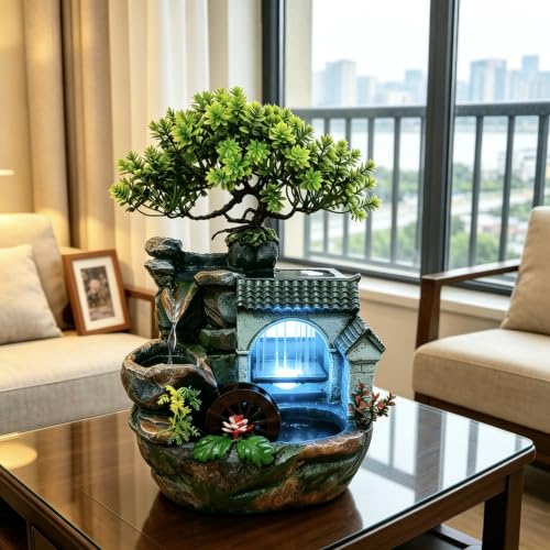 11in Desk Decor Rock Tabletop Water Fountain Indoor Waterfall Gift | Desktop Decoration Feature Humidifier with Pump a& LED Light, Home Office Bedroom Relaxing (No Atomizer)