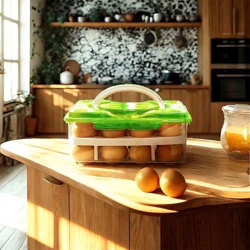 Ortable Large Capacity Double-layers Egg Storage Container Holds 24 Eggs Shatter-proof Non-slip Eggs Holder with Handle (Green) - color: Green