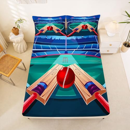 Erosebridal Cricket Bed Sheets Sports Field Fitted Sheet Full Size,Cricket Lovers Sheets for Kids Boys Girls Adults Ball Gaming Bed Set - color: Blue Green Red, size: Full (No Top/Flat Sheet)
