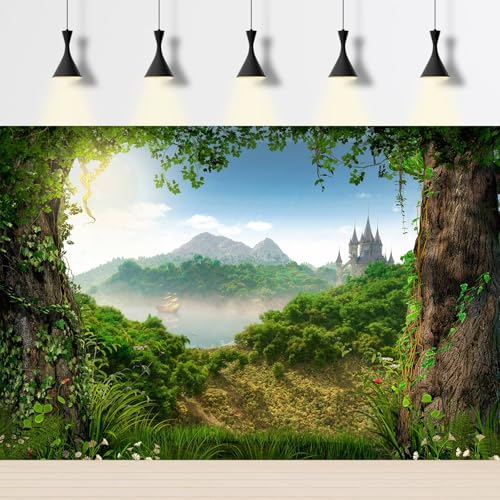 Forest Aquarium Background Fairytale Castle Tranquil Lake Fish Tank Background Tropical Rainforest Natural Landscape Terrarium Background Mountains Blue Sky Reptile Habitat Background 24x12in - color: Fantasy Green, size: 24(W)x12(H)inches/ 60(W)*30cm(H)