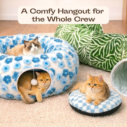 Indoor Cat Tunnel with Donut Bed - Large Flexible Play Space for Multiple Pets - Circle or Snake Shape, Cozy Lounge (Blue Blossom) - color: Blue Blossom