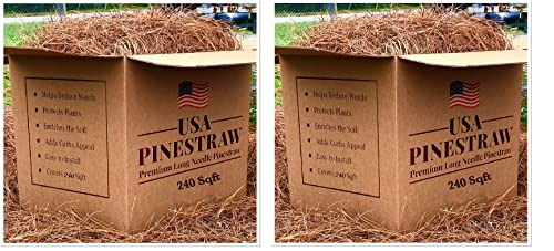 Long Needle Pine Straw Mulch - 240 Sqft Coverage 2 Set - Premium USA Harvested PineStraw for Landscaping, Weed Control, Moisture Retention & Erosion Control - USA Pinestraw - size: Long Needle - 240 Sqft - New Bigger Box 2 set