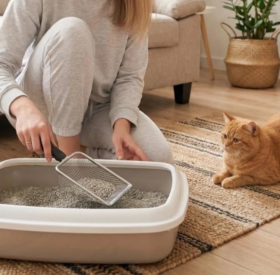 1Pc Stainless Steel Cat Litter Scoop, Fine Mesh Pet Sand Sifter Shovel | Small Hole Mesh Scooper with Comfort Handle,Suitable for Bentonite Sand, Cat, Reptile,Quail Terrarium Waste Cleaning