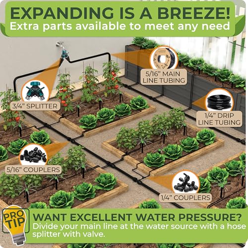 Quick Connect Drip Irrigation System Kit with Sprinkler, 100 feet | For Garden, Yard, Raised Beds, Plants, Lawn, with 5/16" Mainline + 1/4" Tubing + 30 Emitters - size: Quick-Connect 100 feet