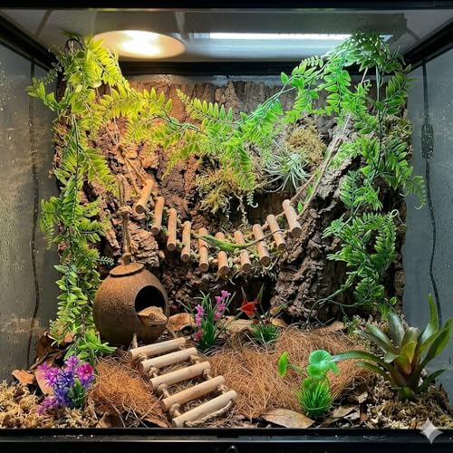 Crested Gecko Tank Accessories, Reptile Bridge and Plants with Coconut Shell Ladder Hideout, Natural Terrarium Decor for Lizard, Chameleon, Leopard Gecko, Snake, Hermit Crab and Tortoise (8PCS) - color: Group A