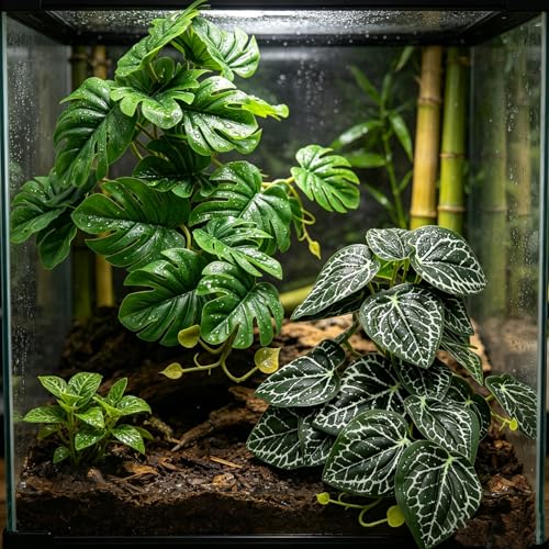 Reptile Plants Terrarium Decor, Artificial Fake Plants for Bearded Dragon, Leopard Gecko, Snake, Crested, Ball Python Tank (Monstera & Black Crystal Anthurium Leaf + Base) - color: Monstera & Black Crystal Anthurium Leaf + Base