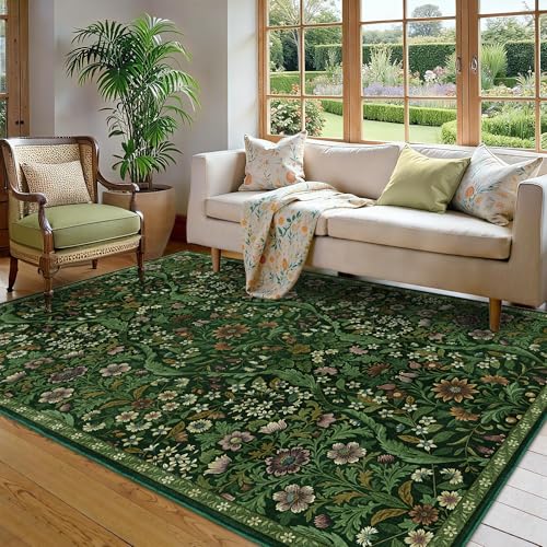 Floral Area Rug 6x9 Botanical Washable Carpet for Living Room | Low-Pile, Non-Slip, Stain Resistant, Washable Green Boho Rug, Soft, Non-Shedding, for Bedroom, Dining Room, Office, Nursery - color: Dark Green, size: 6' x 9' (Rectangular)