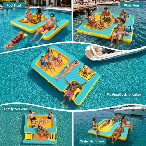 Inflatable Floating Dock with Water Ramp, Ladder, Hammock & Seat | 7ft/8ft/10ft Heavy Duty Platform Drop-Stitch PVC Mesh Fits Adults Family Couples Friends for Lake, River, Ocean Parties - color: Mint Green+Yellow, size: 10ft×6ft