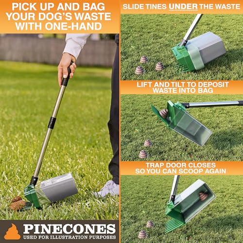 Neater Pet Brands Lift N’ Bag 2.0 Dog Pooper Scooper with Bag Attachment & 31" Pole for Small to Large Dogs, New Longer Pole, 15 Refill Bags, Heavy Duty Dog Poop Scooper for Yard, One-Hand Use - color: Green Scoop w/ Grey Bin, size: 15 Bags