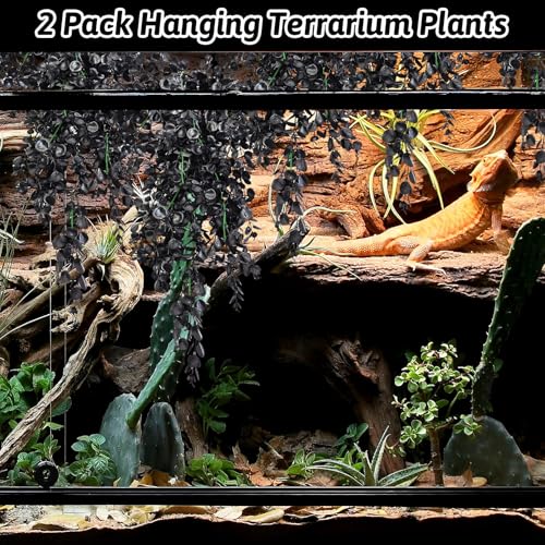 Hamiledyi Reptile Plants, 2 Pack Hanging Terrarium Plants, Artificial Leaves Habitat Decorations with Suction Cup, Fake Amphibian Plants for Bearded Dragon Lizard Hermit Crab Geckos Chameleon(Black) - size: 2 PCS