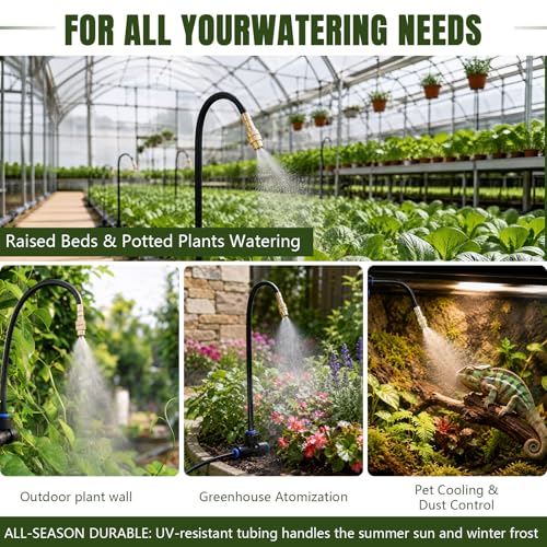 Drip Irrigation Nozzles 40 Pack, 8 Inch Adjustable Sprayers for 1/4 Tubing | 360° bendable stems direct water where needed; tee connectors branch irrigation for pots, raised beds and greenhouse plants.