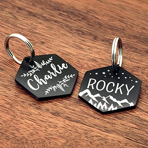 Stainless Steel Pet ID Tag Dog Name Tags Personalized Front and Back Engraving, Customized Dog Tags and Cat Tags, Optional Engraved on Both Sides, Hexagon Tag with Mountain Design, Small - color: Black-hexagon-mountain, size: Small