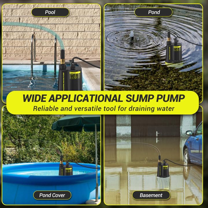 1/2HP Automatic Submersible Sump Pump, 5300 GPH Water Pump | 3/4" Garden Hose Check Valve Adapter, 2650 GPH Water Removal for Swimming Pool Cover Hot Tubs Flooded House Basement - color: Black-yellow