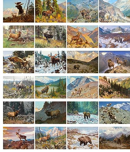 PIXILUV Vintage Postcards (24 pcs 4"x6" each) Serene Paintings of Strong Animals Traversing Mountains Vintage Postcards Antique Botannical Book Illustration Poster - color: Orange