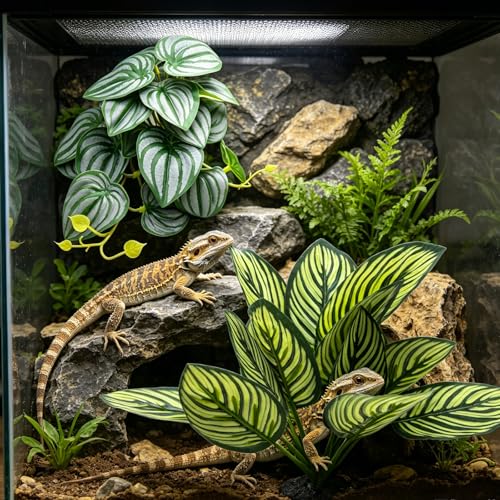 Reptile Plants Terrarium Decor, Artificial Fake Plants for Bearded Dragon, Leopard Gecko, Snake, Crested, Ball Python Tank (Zebra Calathea & Watermelon Leaf + Base) - color: Zebra Calathea & Watermelon Leaf + Base