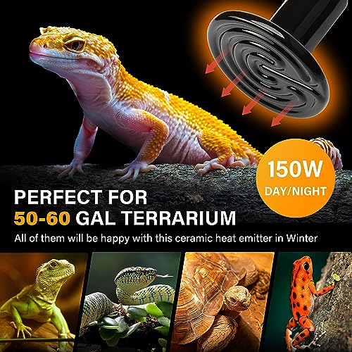 HealSmart Reptile Heat Lamp 150W 2-Pack Ceramic Heat Emitter, No Light Emitting Heat Bulbs for Amphibian Pet Brooder Coop Incubating Chicken, Lizard Bearded Dragon Turtle Snake Terrarium - size: 150 Watts, style: D-85mm (3.35") *2 Pcs