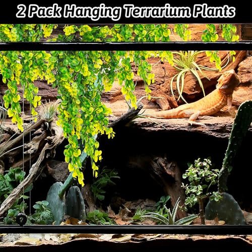 Hamiledyi 6 PCS Reptile Plants Hanging Terrarium Plants Artificial Leaves Habitat Decorations with Suction Cup Green and Yellow Fake Amphibian Plants for Bearded Dragon Lizard Geckos Chameleon - size: 6 PCS