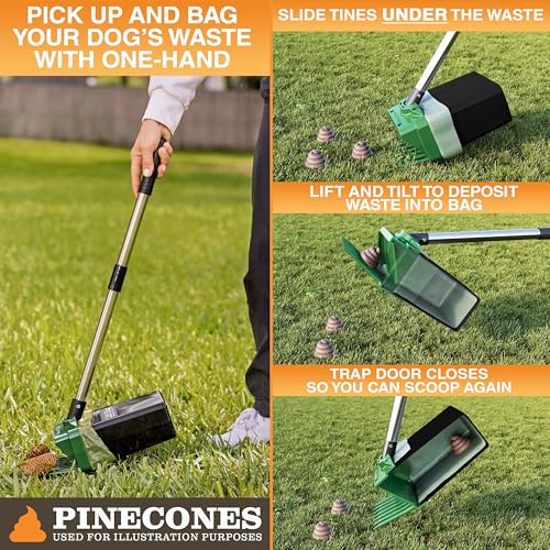 Neater Pet Brands Lift N’ Bag 2.0 Dog Pooper Scooper with Bag Attachment & 31" Pole for Small to Large Dogs, New Longer Pole, 15 Refill Bags, Heavy Duty Dog Poop Scooper for Yard, One-Hand Use - color: Green Scoop w/ Black Bin, size: 15 Bags