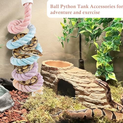 Snake Enrichment Climbing Toy, Ball Python Tank Accessories, Hanging Climbing Decor Colorful Cotton Rope with Metal Hooks, Corn Snake Climbing Accessories, Ball Python Enrichment Toy