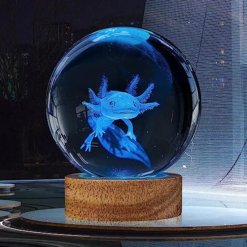 3D Axolotl Crystal Ball Night Light with Woodern Base,16 Colors with Remote Control Cool Desk Decor Gifts for Kids Friends (Axolotl-b) - color: Axolotl-b