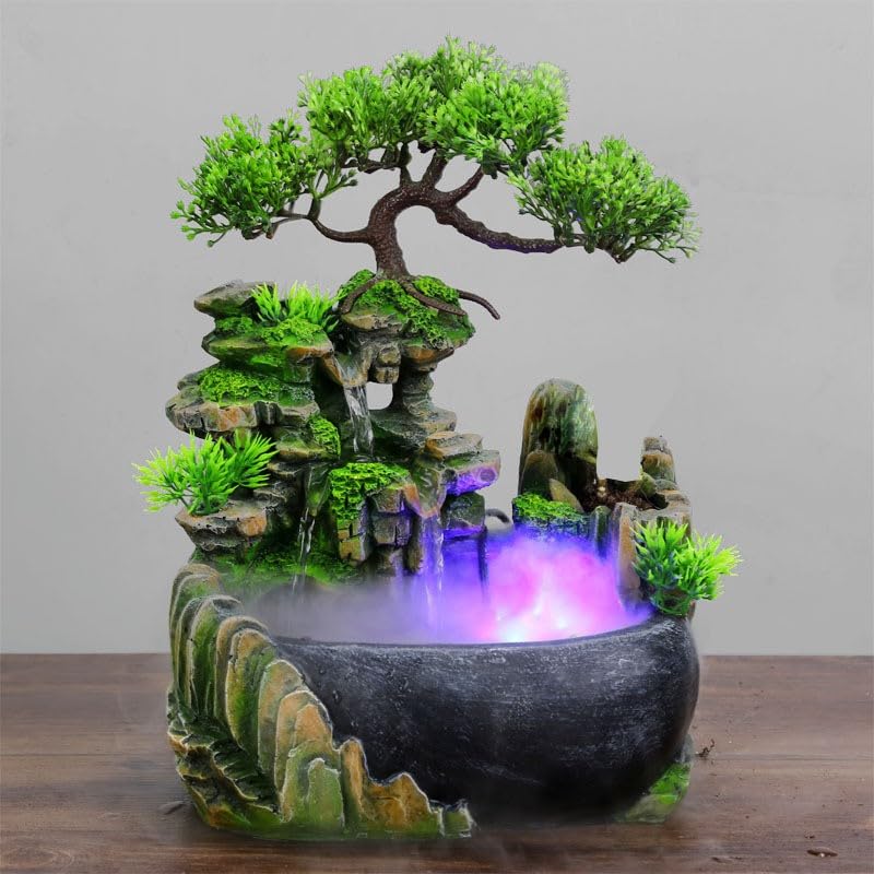 BRAVECOW Indoor Relaxation Desktop Fountain Waterfall with Atomizer and Automatic Pump Illuminated Waterfall Desktop Fountain for Home Office Bedroom Desk Decoration