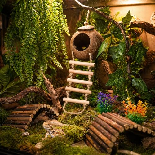 HERCOCCI Crested Gecko Tank Accessories, Reptile Hanging Plants Vines with Natural Coconut Shell Hideout & Climbing Ladder Decor for Hermit Crab Lizard Leopard Gecko Chameleon Snake Terrarium Decor