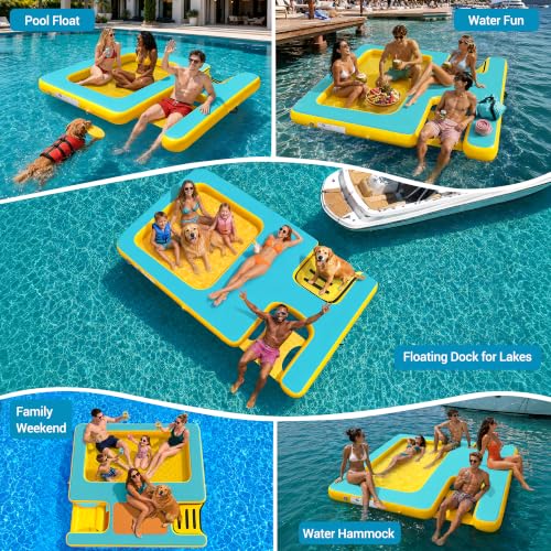 Inflatable Floating Dock with Water Ramp, Ladder, Hammock & Seat | 7ft/8ft/10ft Heavy Duty Platform Drop-Stitch PVC Mesh Fits Adults Family Couples Friends for Lake, River, Ocean Parties - color: Mint Green+Yellow, size: 7ft×6ft